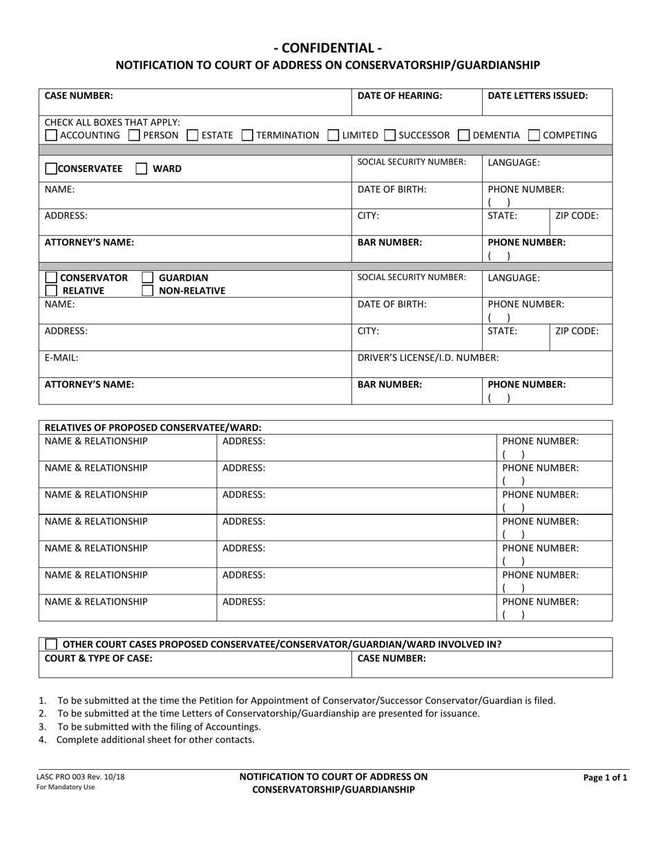 Form PRO003 Notification to Court of Address on Conservatorship / Guardianship - County of Los Angeles, California, Page 1