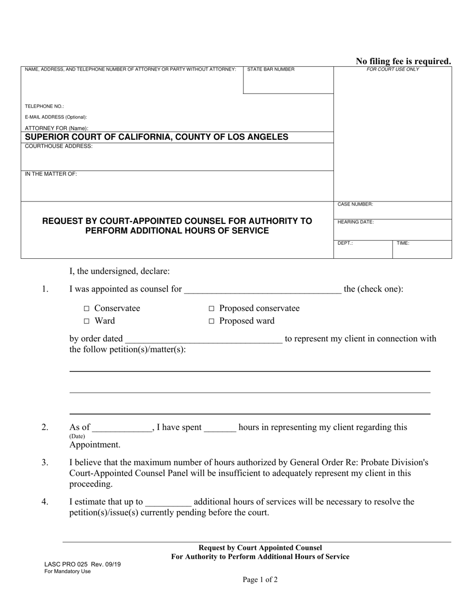 Form PRO025 Request by Court-Appointed Counsel for Authority to Perform Additional Hours of Service - County of Los Angeles, California, Page 1