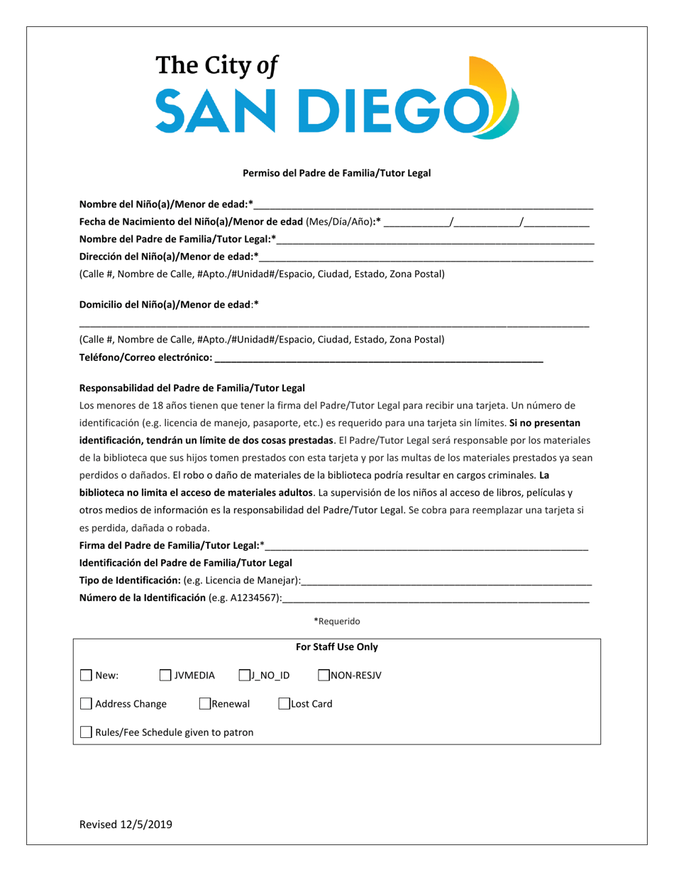 Permiso Del Padre De Familia / Tutor Legal - City of San Diego, California (Spanish), Page 1