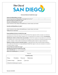 Document preview: Permiso Del Padre De Familia/Tutor Legal - City of San Diego, California (Spanish)