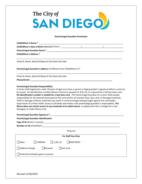 "Parent/Legal Guardian Permission" - City of San Diego, California Download Pdf