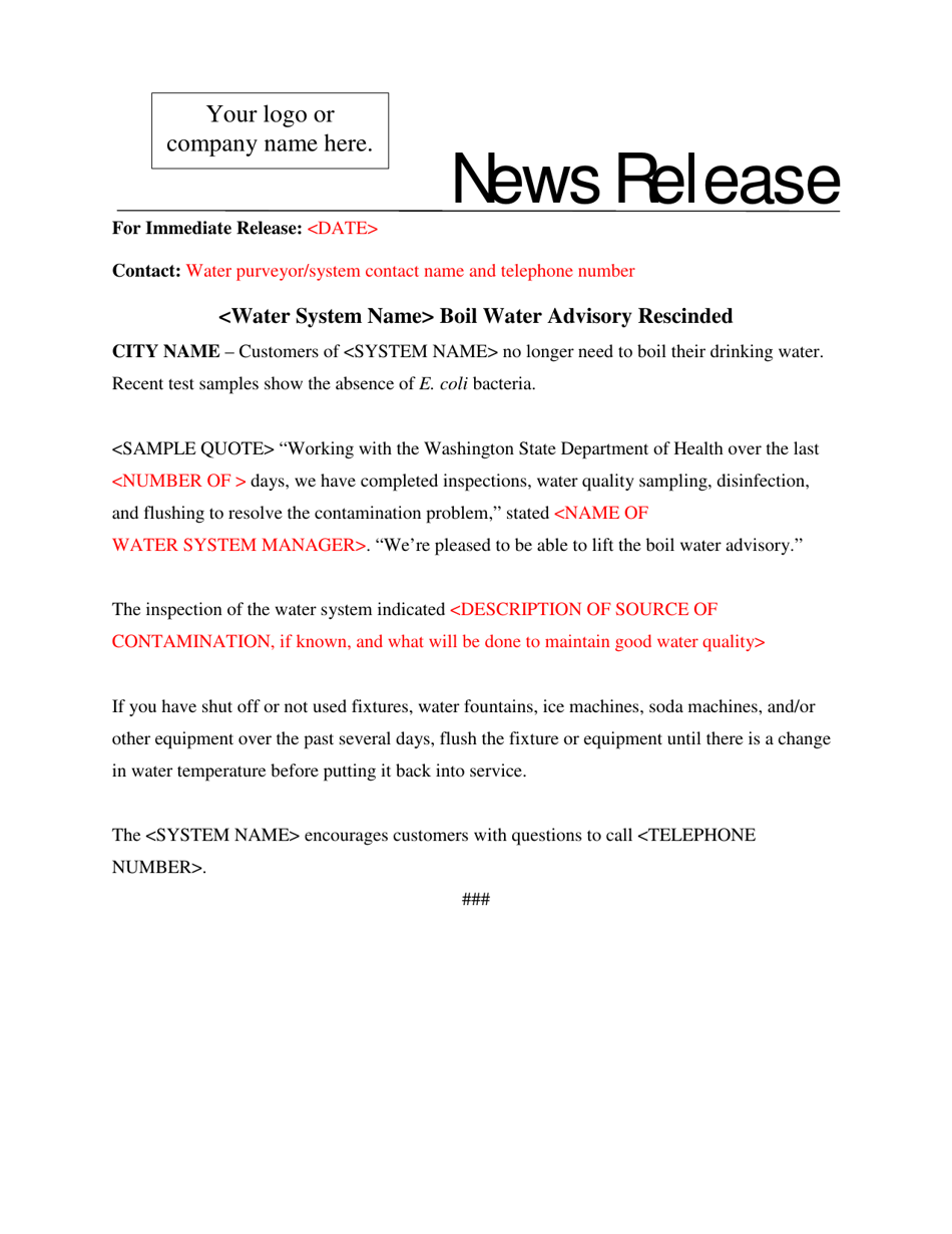 News Release Cancel Boil Water Advisory Template - Washington, Page 1