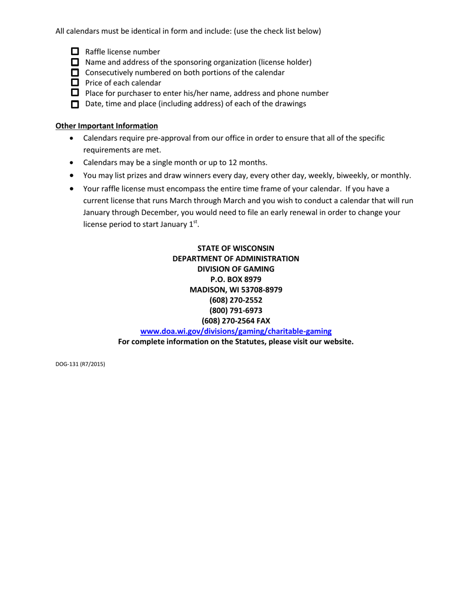 Form DOG-131 Calendar Raffle Requirements - Wisconsin, Page 2