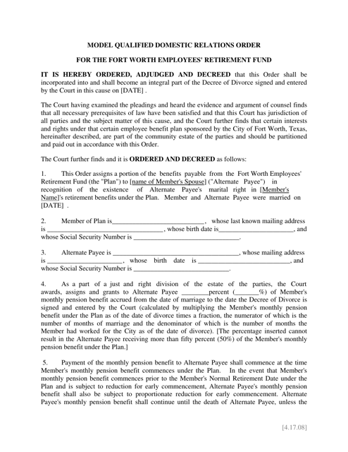 Model Qualified Domestic Relations Order - City of Fort Worth, Texas Download Pdf