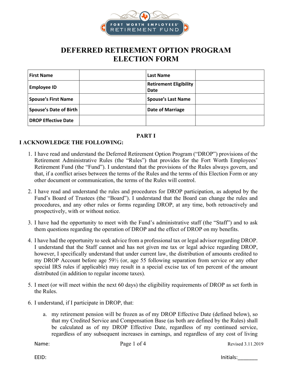 Deferred Retirement Option Program Election Form - City of Fort Worth, Texas, Page 1