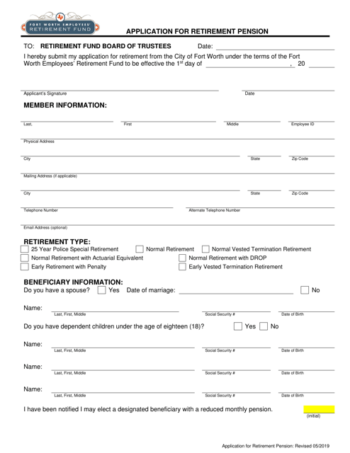 Application for Retirement Pension - City of Fort Worth, Texas Download Pdf