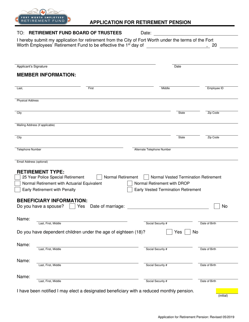 Application for Retirement Pension - City of Fort Worth, Texas, Page 1