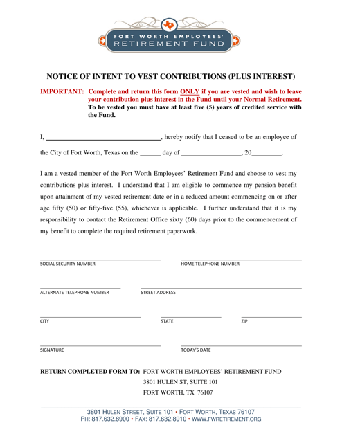 Notice of Intent to Vest Contributions (Plus Interest) - City of Fort Worth, Texas Download Pdf