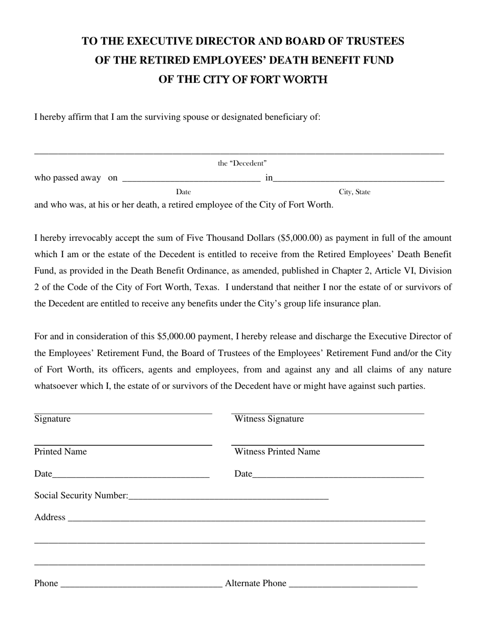 Death Benefit Application - City of Fort Worth, Texas, Page 1