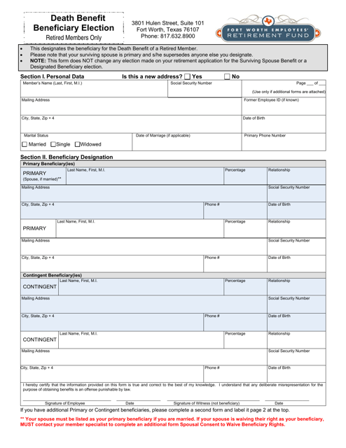 Death Benefit Beneficiary Election (Retiree Only) - City of Fort Worth, Texas Download Pdf