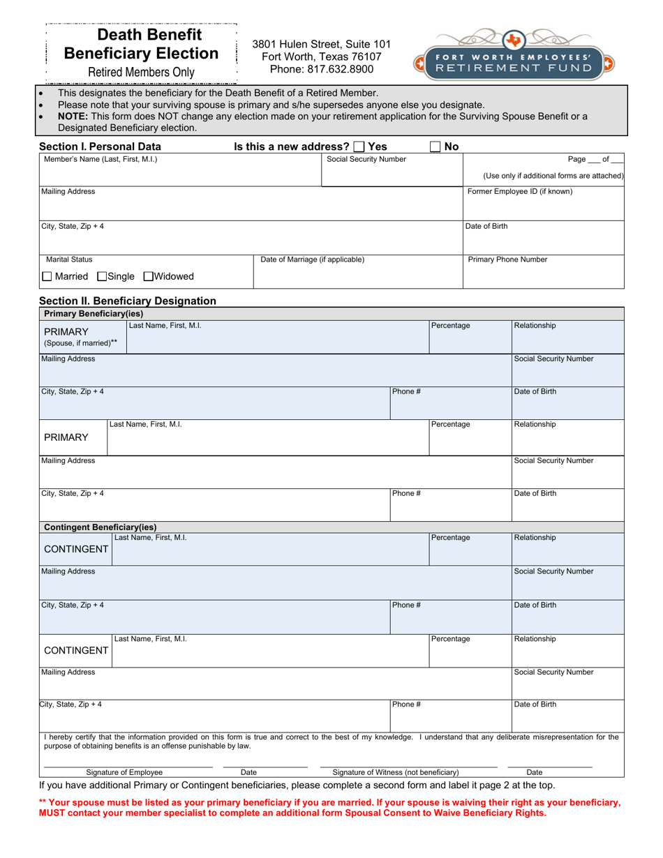 Death Benefit Beneficiary Election (Retiree Only) - City of Fort Worth, Texas, Page 1