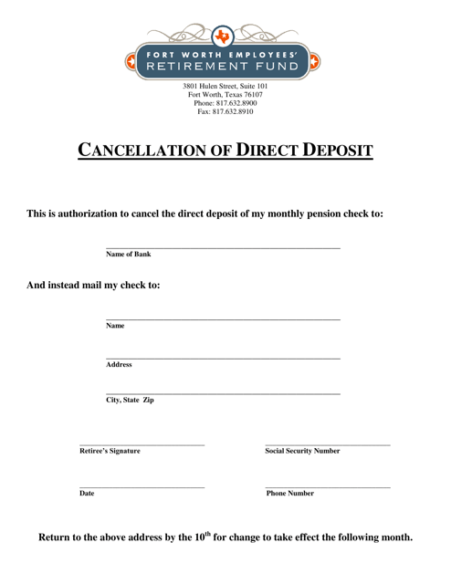 Cancellation of Direct Deposit - City of Fort Worth, Texas Download Pdf
