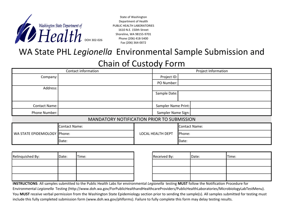 DOH Form 302-026 Phl Legionella Environmental Sample Submission and Chain of Custody Form - Washington, Page 1