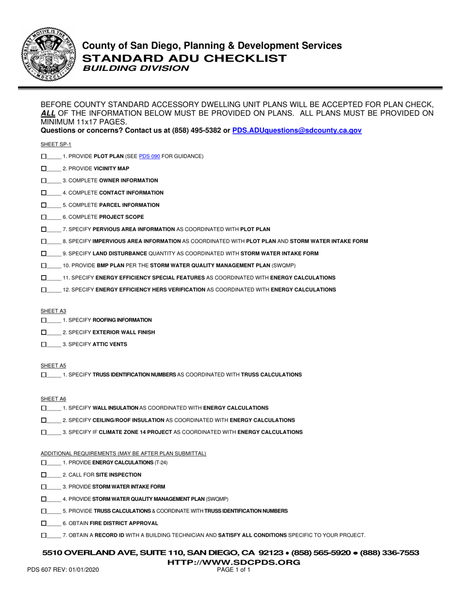 Form PDS607 Standard Adu Checklist - City of San Diego, California, Page 1