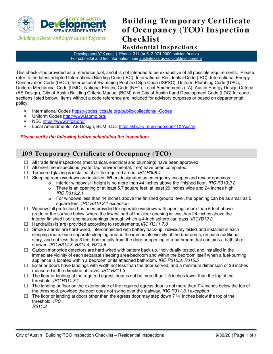 Building Temporary Certificate of Occupancy (Tco) Inspection Checklist - Residential Inspections - City of Austin, Texas, Page 1