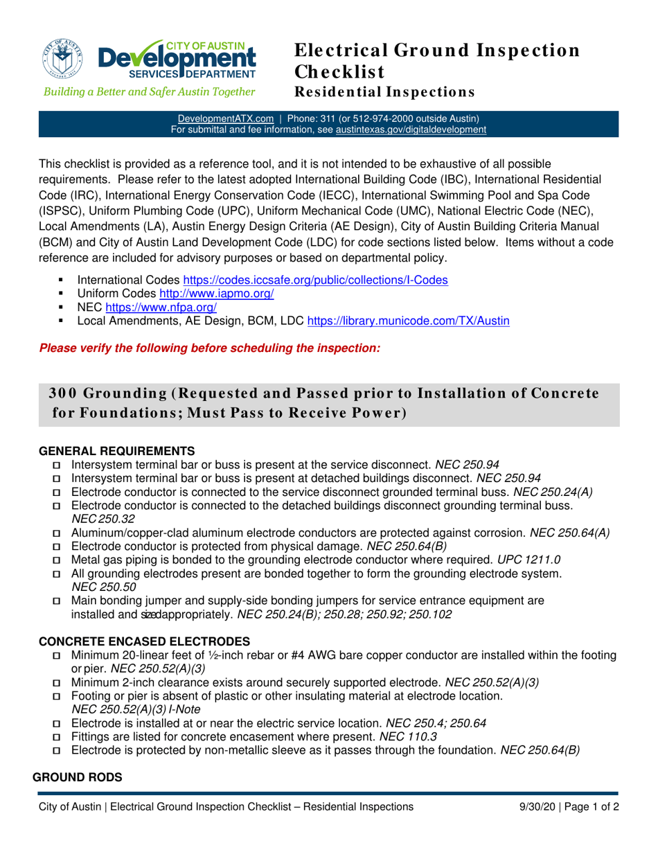 City of Austin, Texas Electrical Ground Inspection Checklist ...