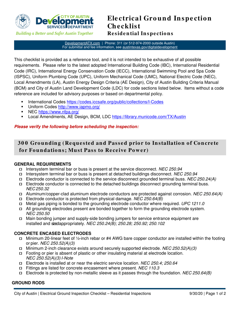 Electrical Ground Inspection Checklist - Residential Inspections - City of Austin, Texas, Page 1