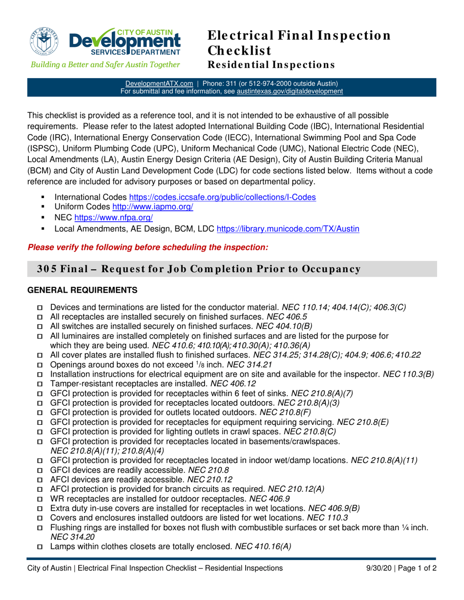 City of Austin, Texas Electrical Final Inspection Checklist ...