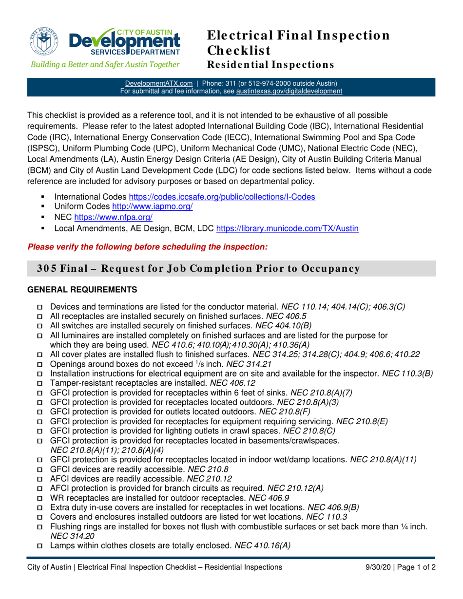 Electrical Final Inspection Checklist - Residential Inspections - City of Austin, Texas, Page 1