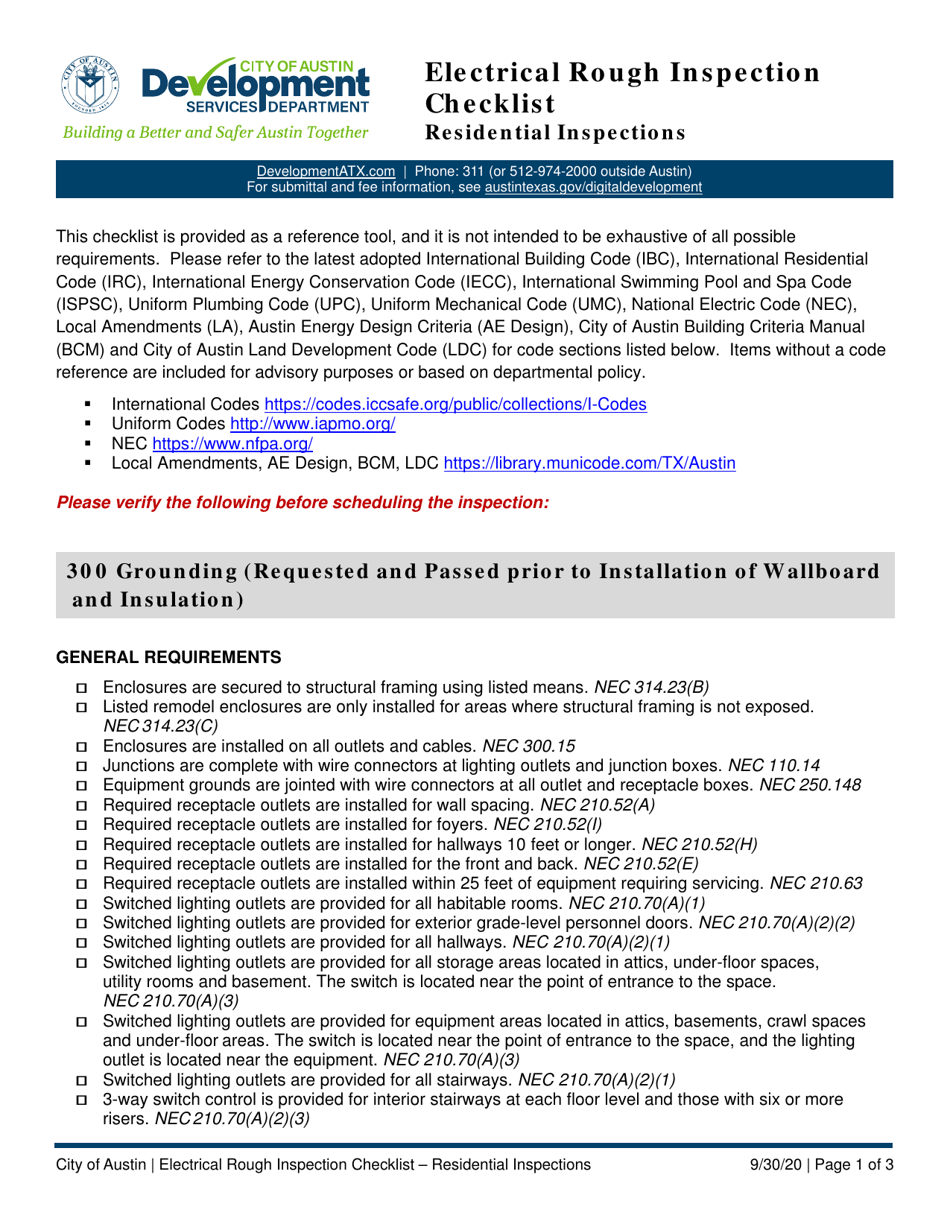 City of Austin, Texas Electrical Rough Inspection Checklist ...