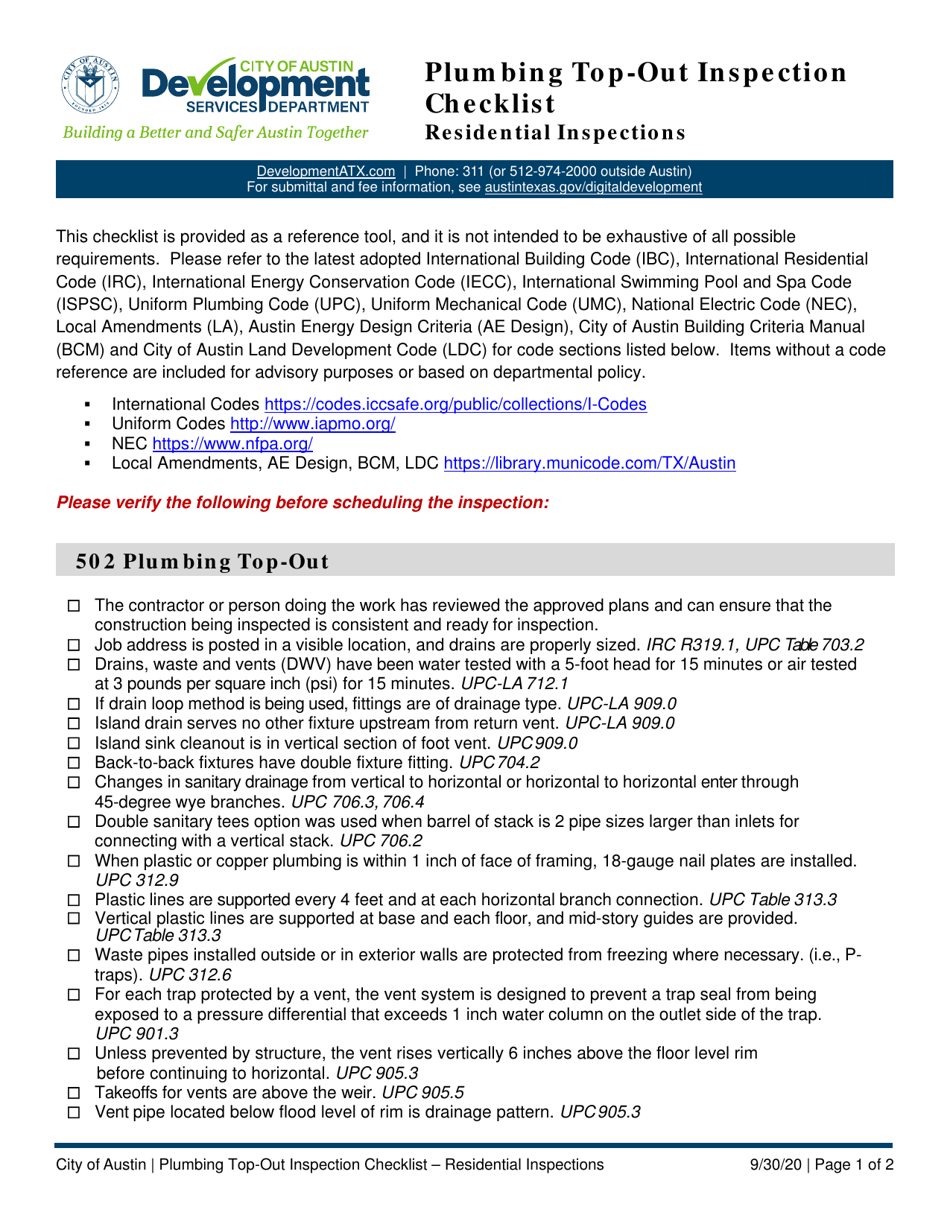 Plumbing Top-Out Inspection Checklist - Residential Inspections - City of Austin, Texas, Page 1