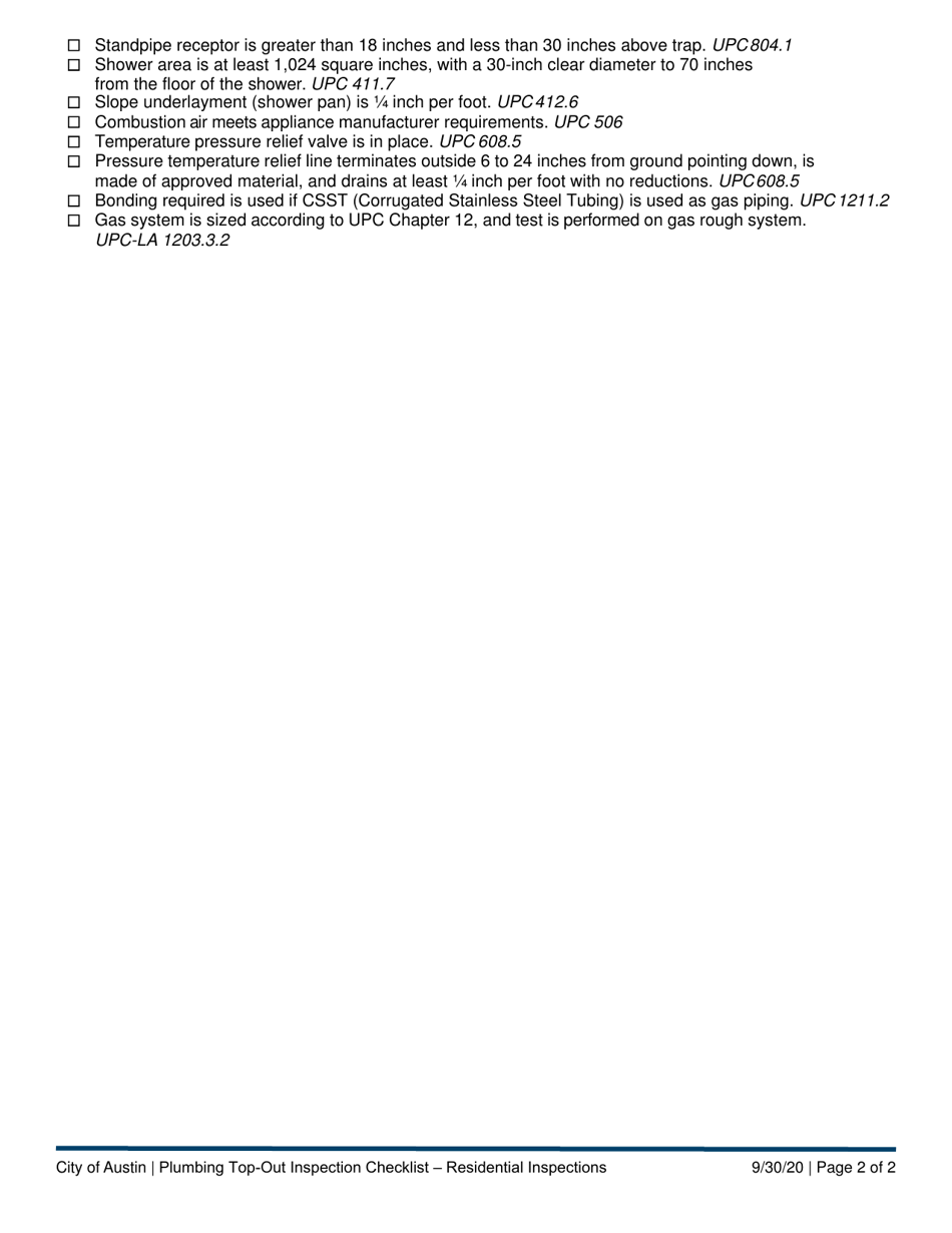 Plumbing Top-Out Inspection Checklist - Residential Inspections - City of Austin, Texas, Page 2
