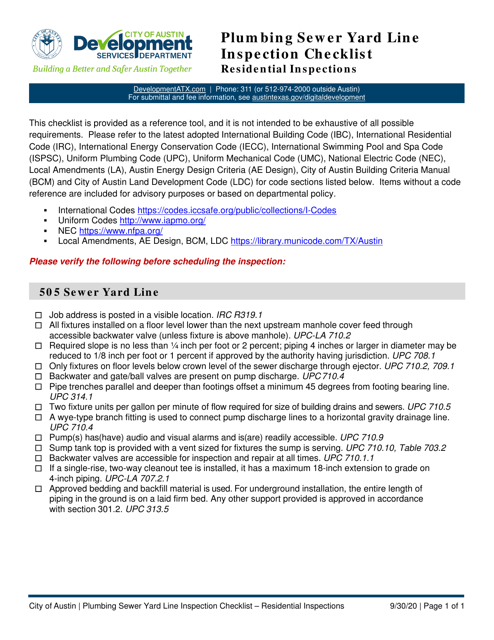Plumbing Sewer Yard Line Inspection Checklist - Residential Inspections - City of Austin, Texas Download Pdf