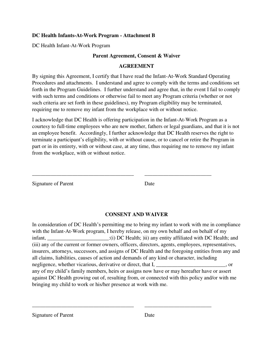 Attachment B Parent Agreement, Consent and Waiver - Infant-At-Work Program - Washington, D.C., Page 1