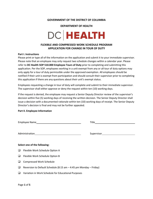 Flexible and Compressed Work Schedule Program Application for Change in Tour of Duty - Washington, D.C.