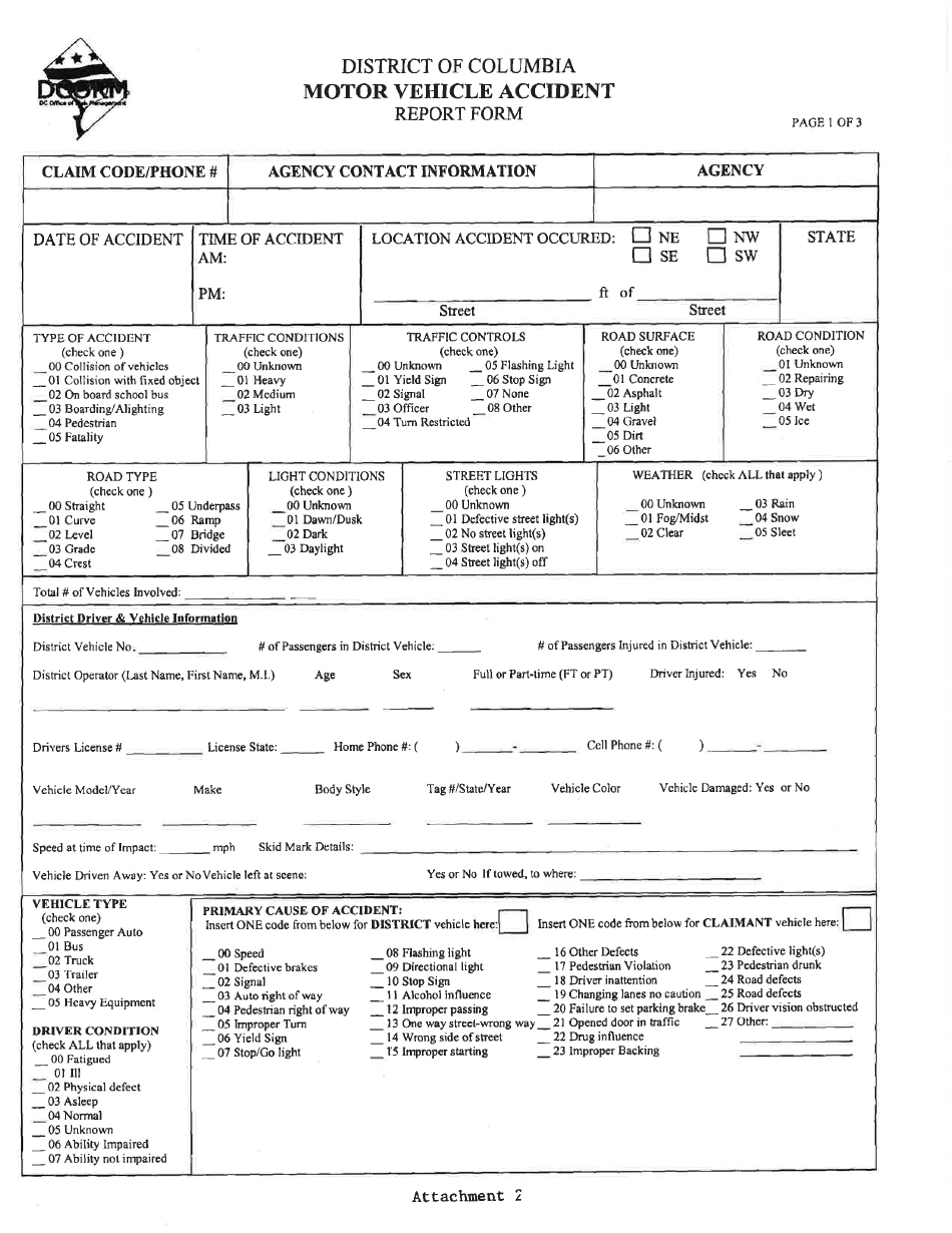 Motor Vehicle Accident Report Form - Washington, D.C., Page 1