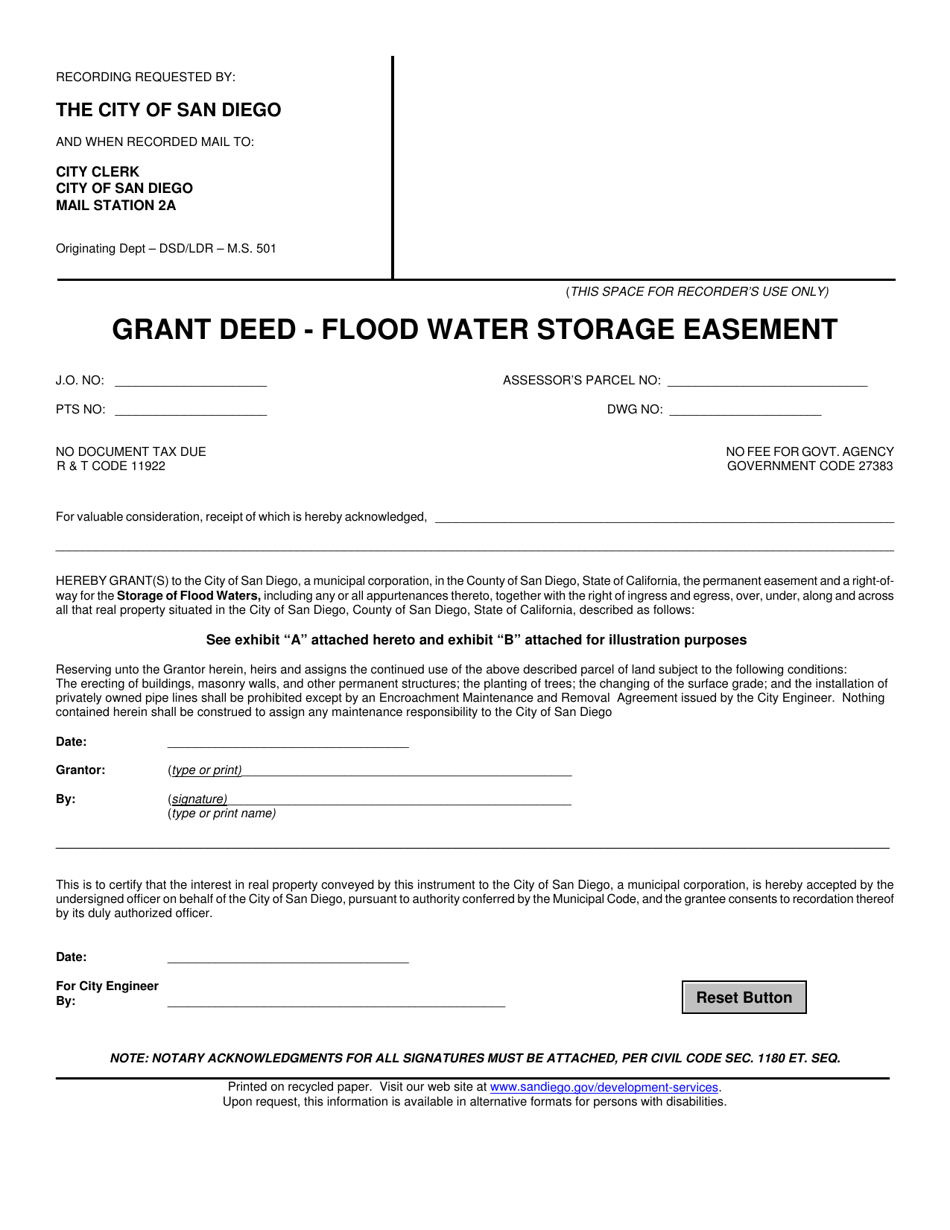 Grant Deed - Flood Water Storage Easement - City of San Diego, California, Page 1