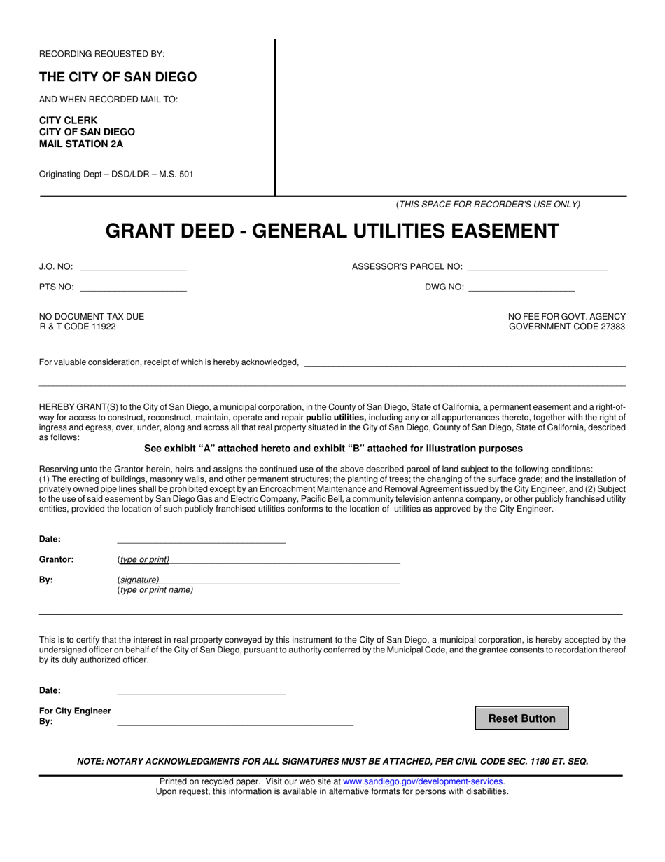 Grant Deed - General Utilities Easement - City of San Diego, California, Page 1