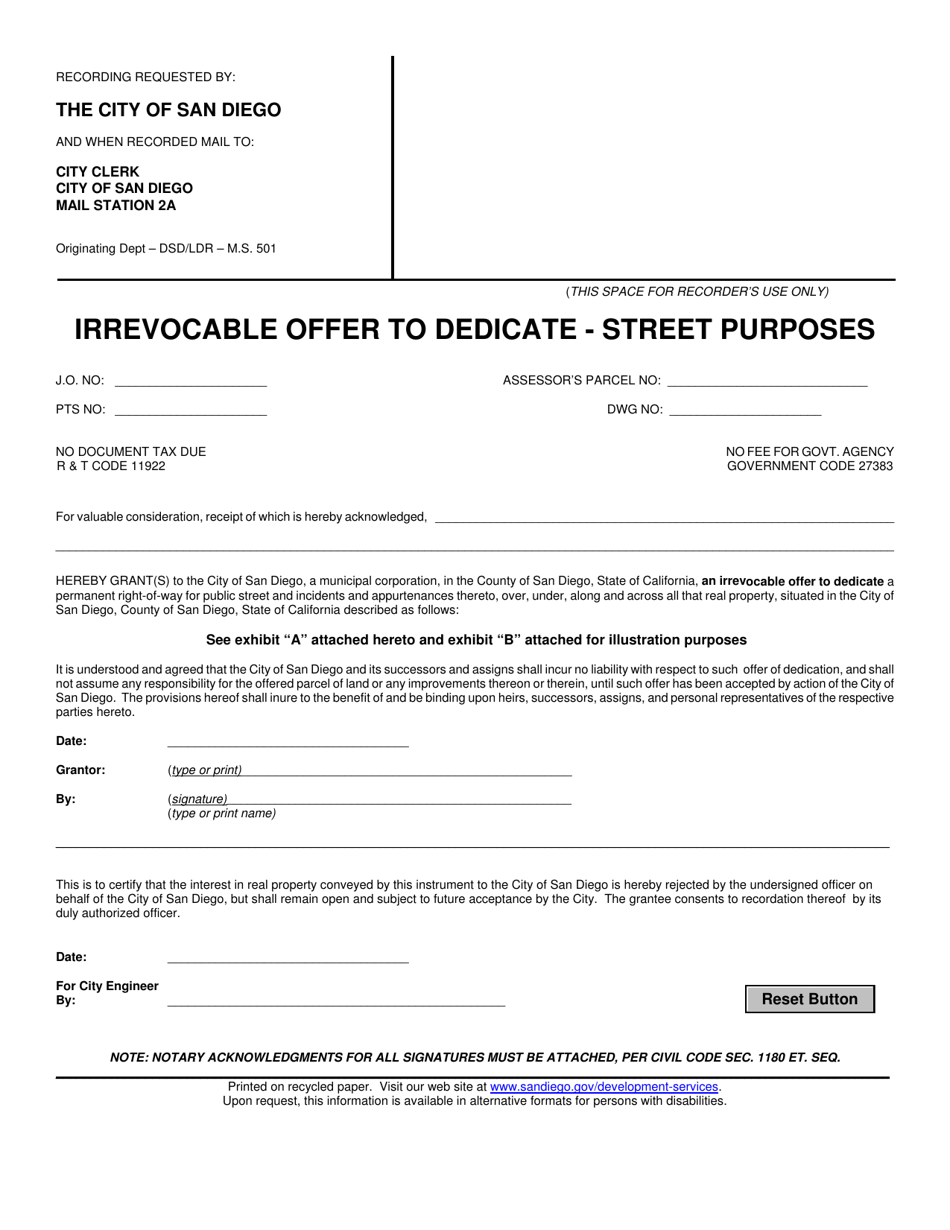 Irrevocable Offer to Dedicate - Street Purposes - City of San Diego, California, Page 1