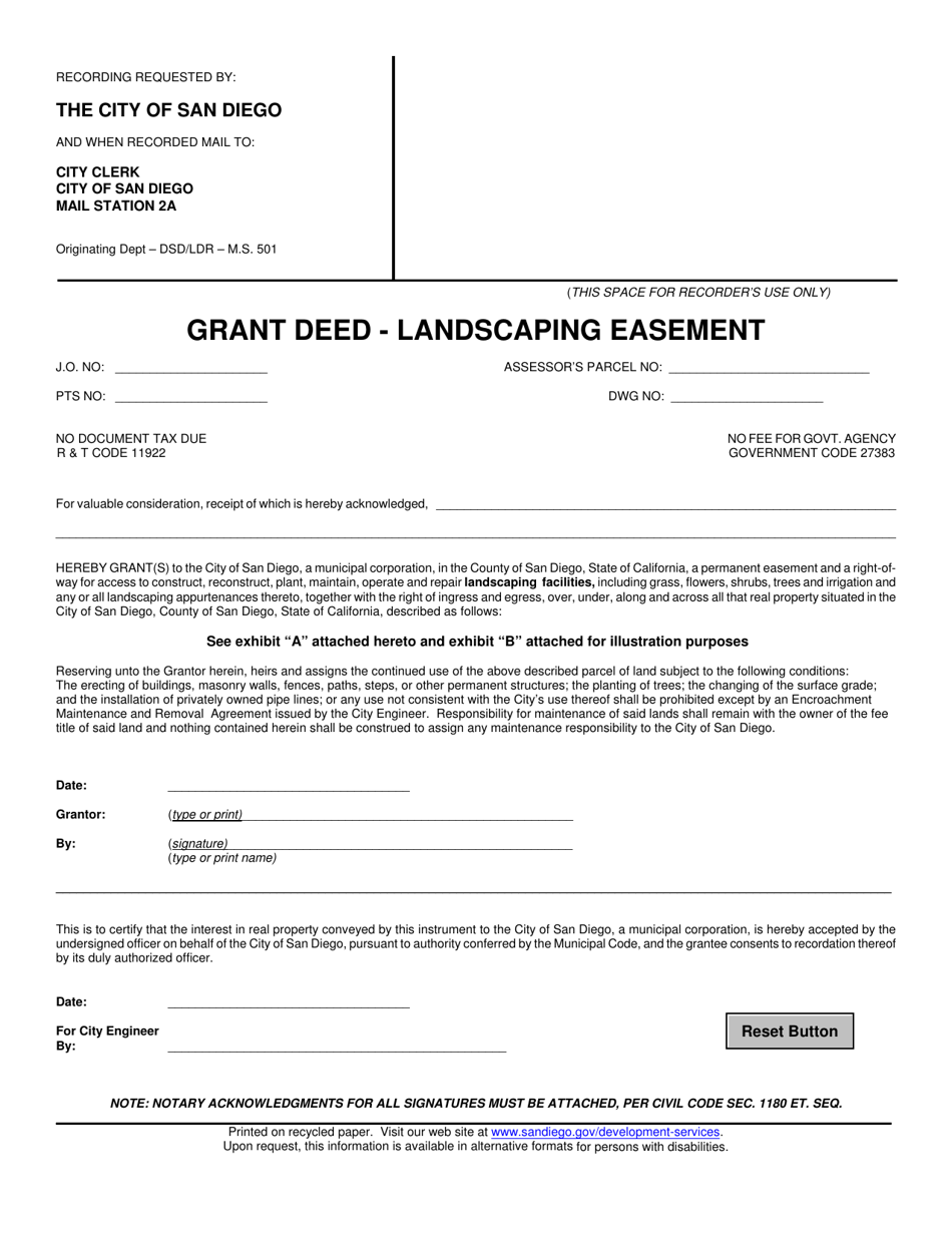 Grant Deed - Landscaping Easement - City of San Diego, California, Page 1