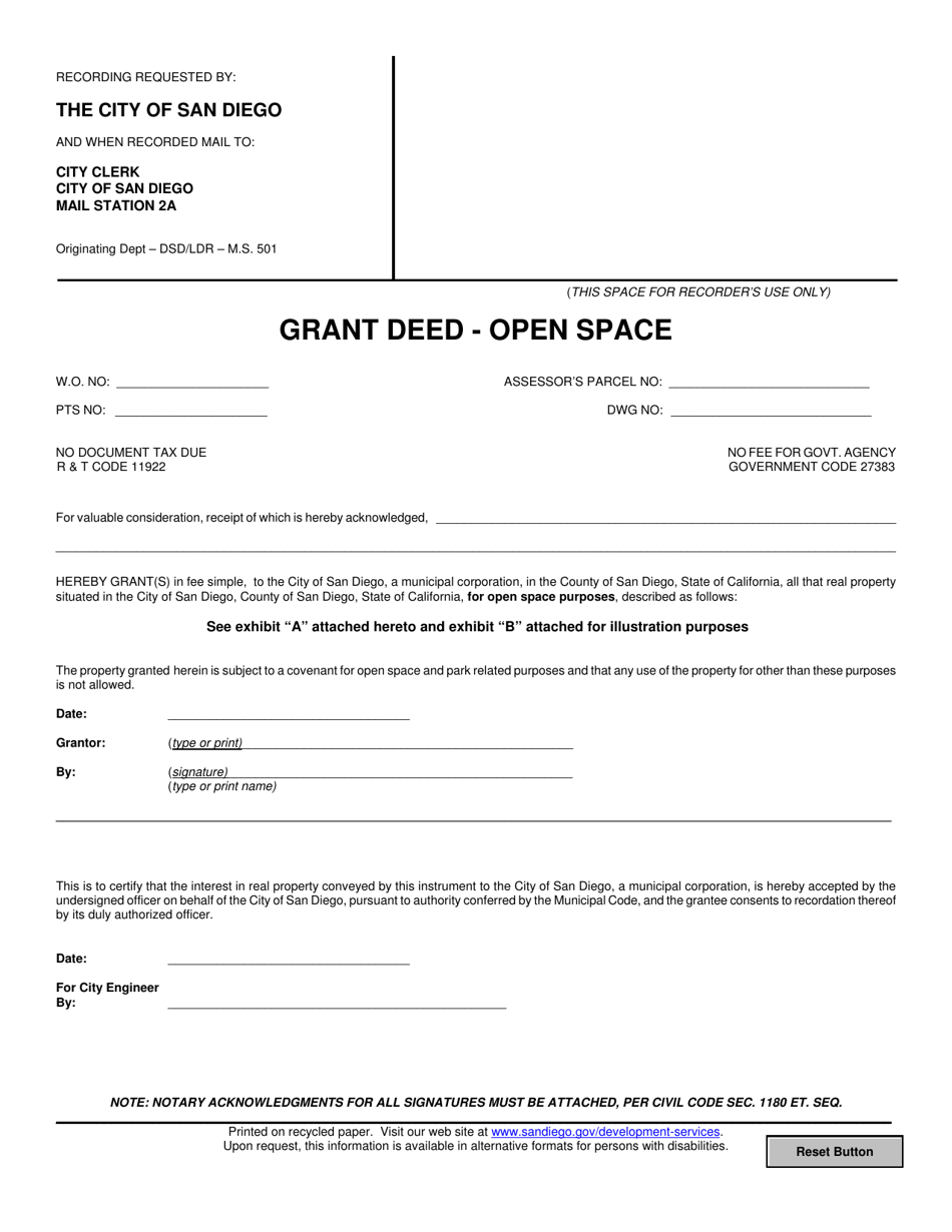 Grant Deed - Open Space - City of San Diego, California, Page 1