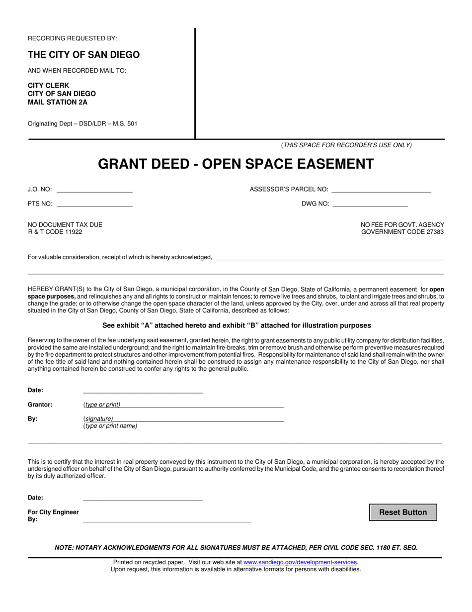 City of San Diego, California Grant Deed - Open Space Easement - Fill ...