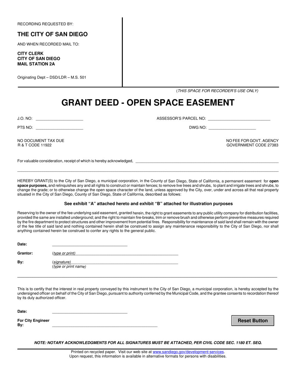 Grant Deed - Open Space Easement - City of San Diego, California, Page 1