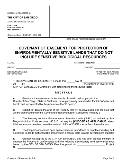 Covenant of Easement for Protection of Environmentally Sensitive Lands That Do Not Include Sensitive Biological Resources - City of San Diego, California