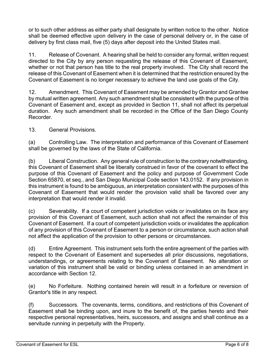 Covenant of Easement for Protection of Environmentally Sensitive Lands That Do Not Include Sensitive Biological Resources - City of San Diego, California, Page 6