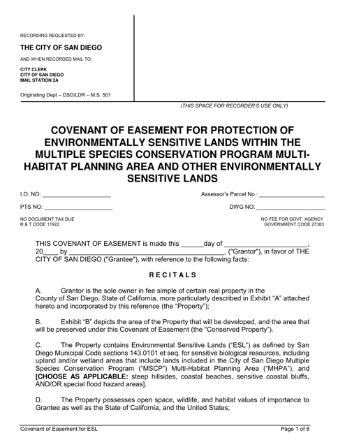 Covenant of Easement for Protection of Environmentally Sensitive Lands Within the Multiple Species Conservation Program Multihabitat Planning Area and Other Environmentally Sensitive Lands - City of San Diego, California