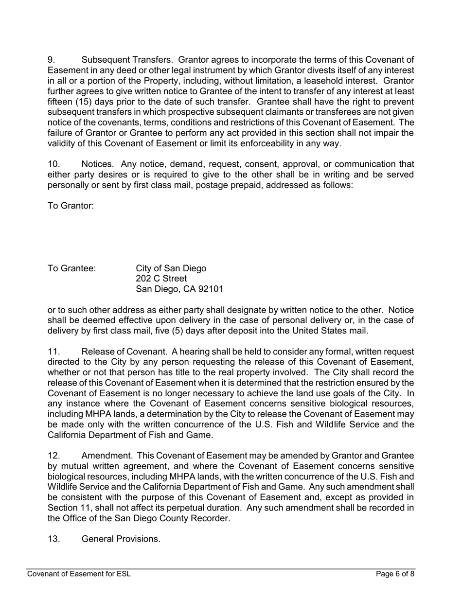 Covenant of Easement for Protection of Environmentally Sensitive Lands Within the Multiple Species Conservation Program Multihabitat Planning Area and Other Environmentally Sensitive Lands - City of San Diego, California, Page 6