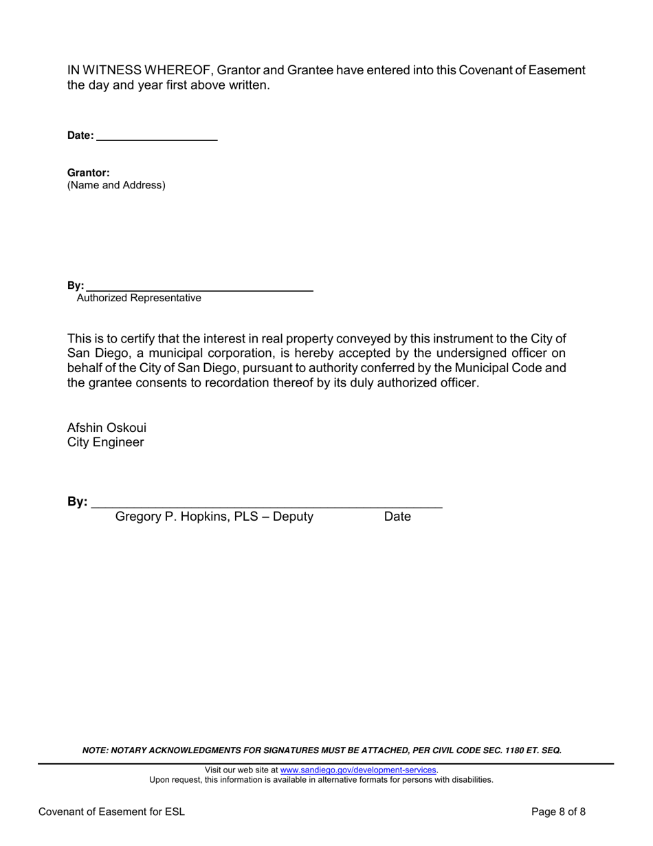 Covenant of Easement for Protection of Environmentally Sensitive Lands Within the Multiple Species Conservation Program Multihabitat Planning Area and Other Environmentally Sensitive Lands - City of San Diego, California, Page 8