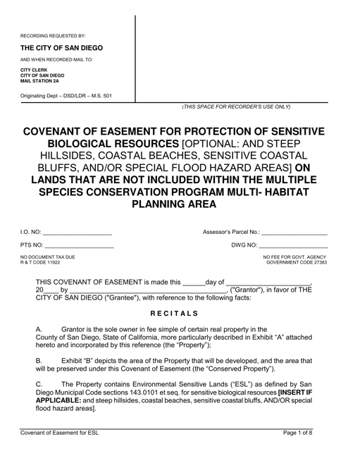 Covenant of Easement for Protection of Sensitive Biological Resources on Lands That Are Not Included Within the Multiple Species Conservation Program Multi-Habitat Planning Area - City of San Diego, California