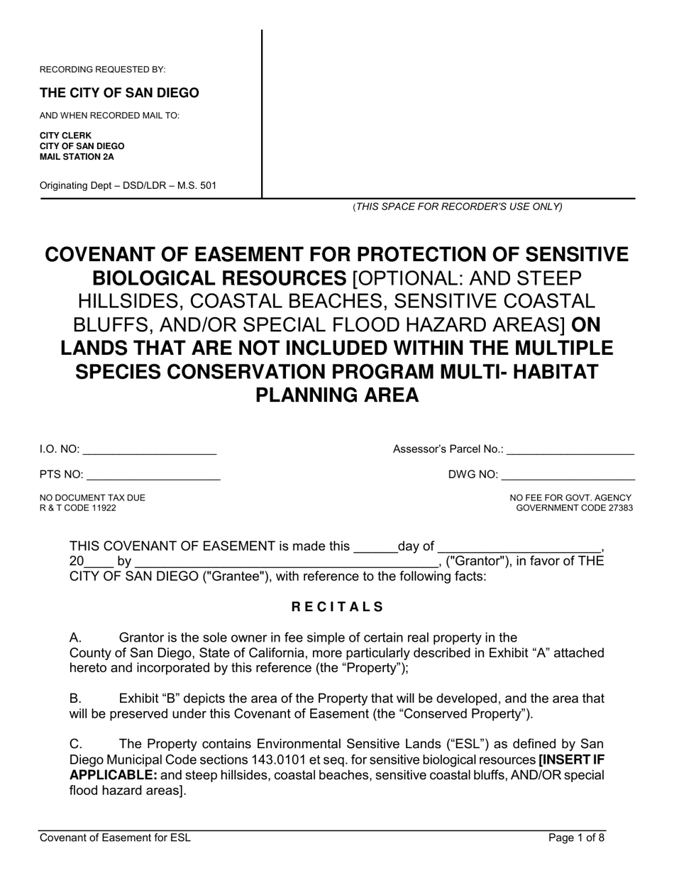 Covenant of Easement for Protection of Sensitive Biological Resources on Lands That Are Not Included Within the Multiple Species Conservation Program Multi-Habitat Planning Area - City of San Diego, California, Page 1