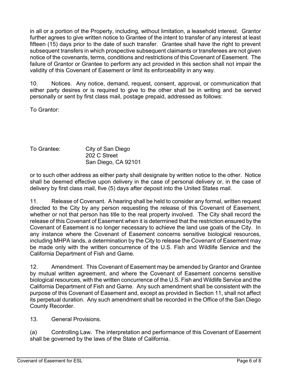 Covenant of Easement for Protection of Sensitive Biological Resources on Lands That Are Not Included Within the Multiple Species Conservation Program Multi-Habitat Planning Area - City of San Diego, California, Page 6