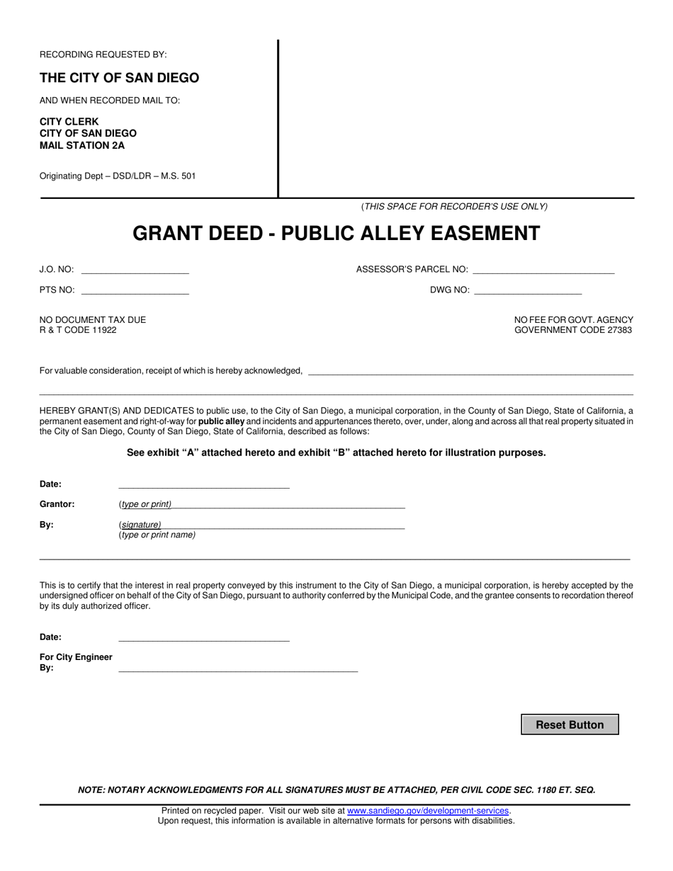 Grant Deed - Public Alley Easement - City of San Diego, California, Page 1