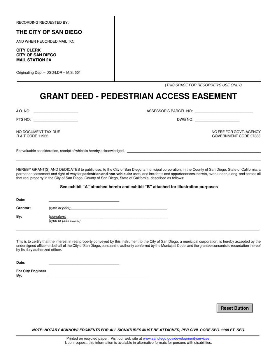Grant Deed - Pedestrian Access Easement - City of San Diego, California, Page 1
