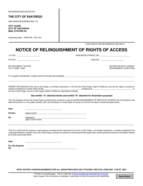 Notice of Relinquishment of Rights of Access - City of San Diego, California