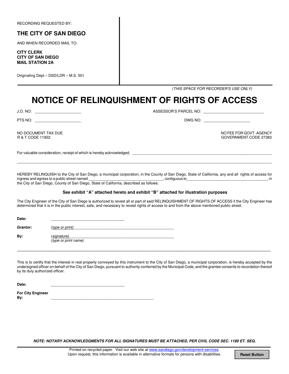 Notice of Relinquishment of Rights of Access - City of San Diego, California, Page 1