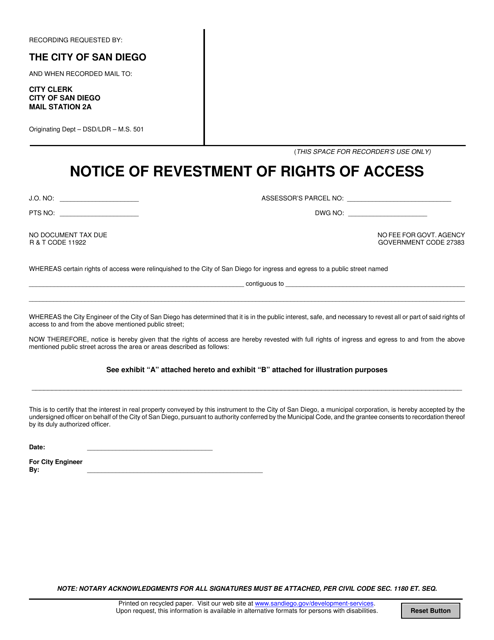 Notice of Revestment of Rights of Access - City of San Diego, California